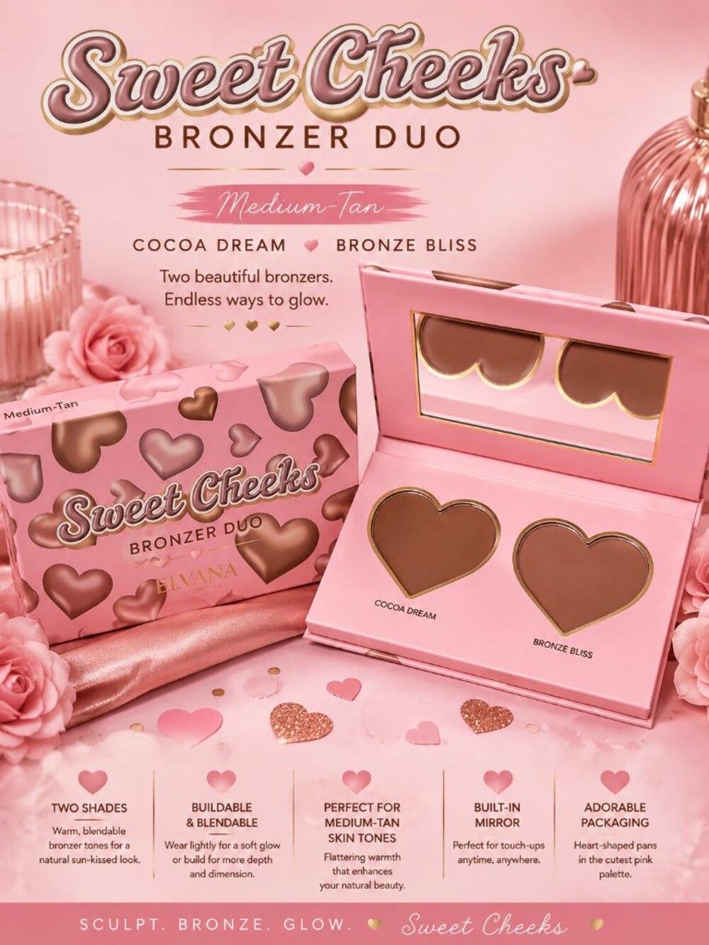 Sweet Cheeks Medium-Tan Bronzer Duo Cocoa Dream & Bronze Bliss Heart Palette